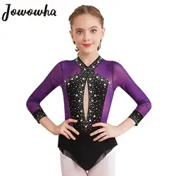 Kids Girls Figure Skating Dance Leotard Ballet Rhythmic Gymnastics Performance Dancewear Shiny Rhinestone Sheer Mesh Jumpsuit