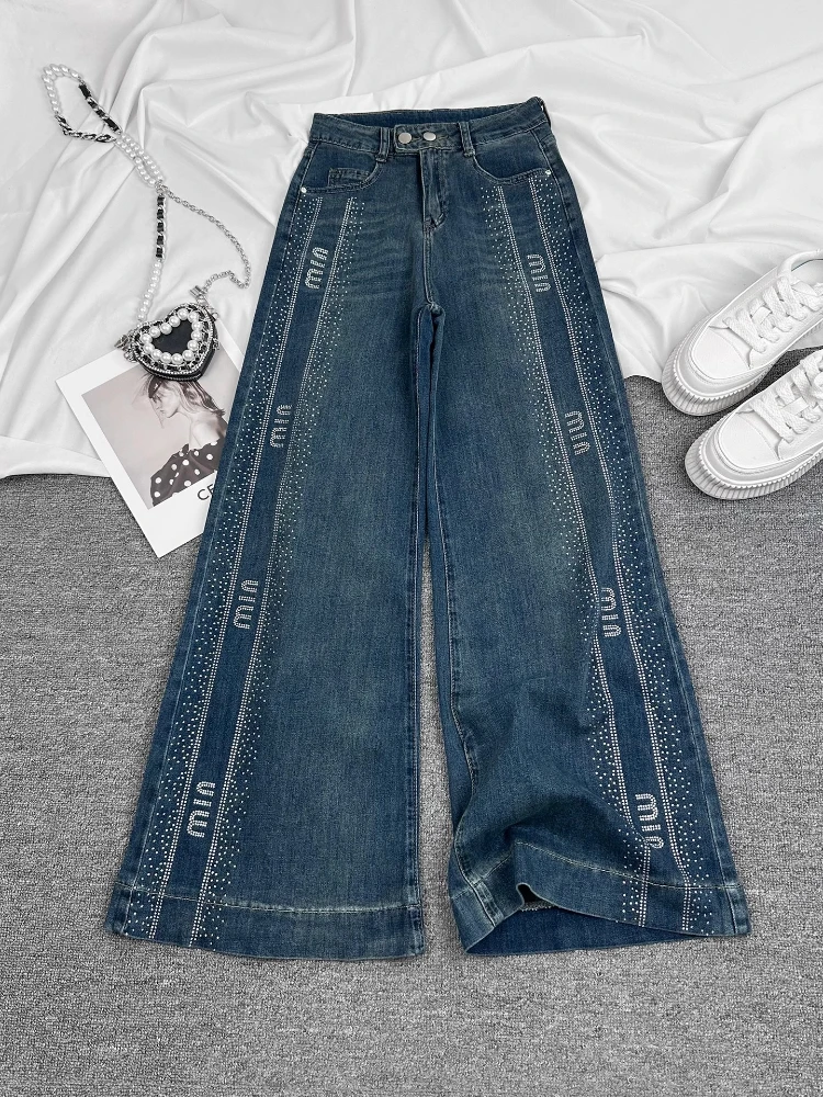 

2025 Новые джинсы, винтажные синие джинсовые брюки с горячим рогом, женские осенне-зимние укороченные широкие брюки с высокой талией для похудения Tide