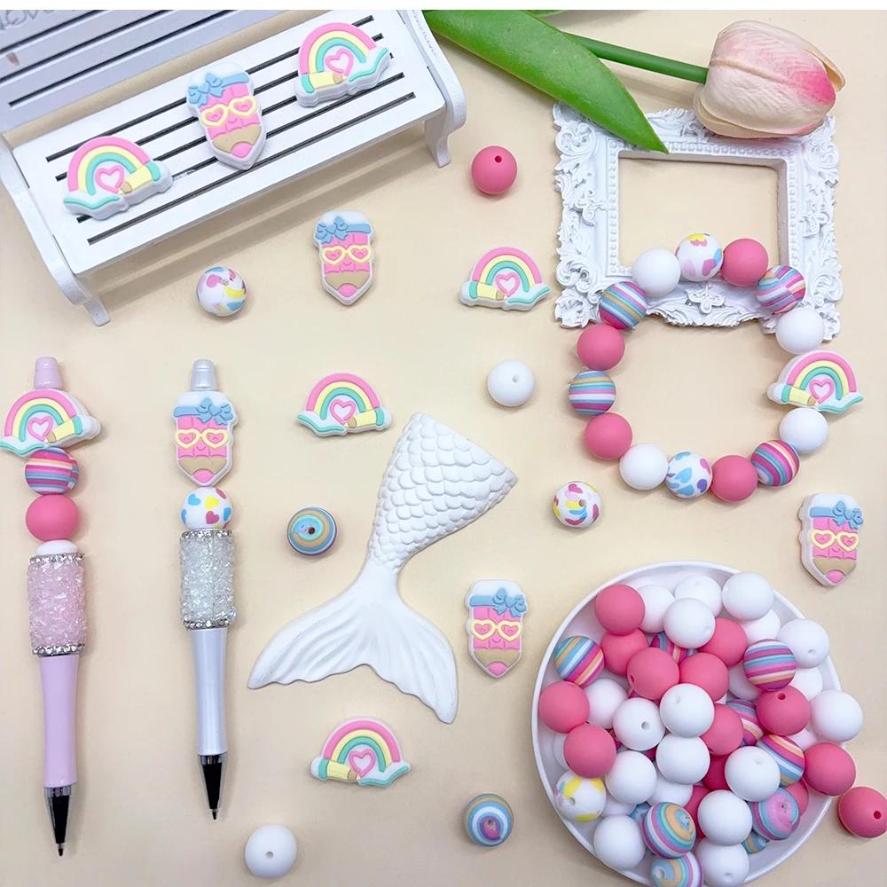 25/32PCS learning pencil series silicone bead set, perfect for DIY handmade crafts such as keychains, necklaces, bracelets, etc