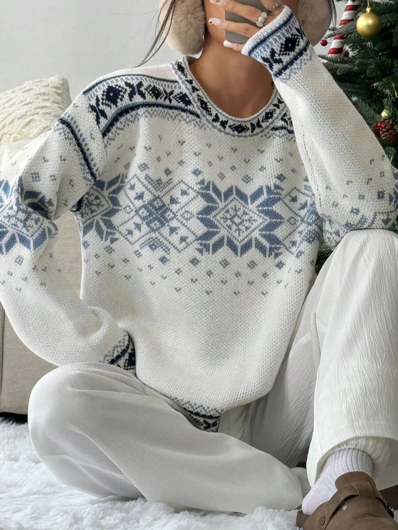 Damen Weiß-Blauer Fair-Isle-Muster Rundhals-Strickpullover Lässiger Oversize-Weihnachtspullover