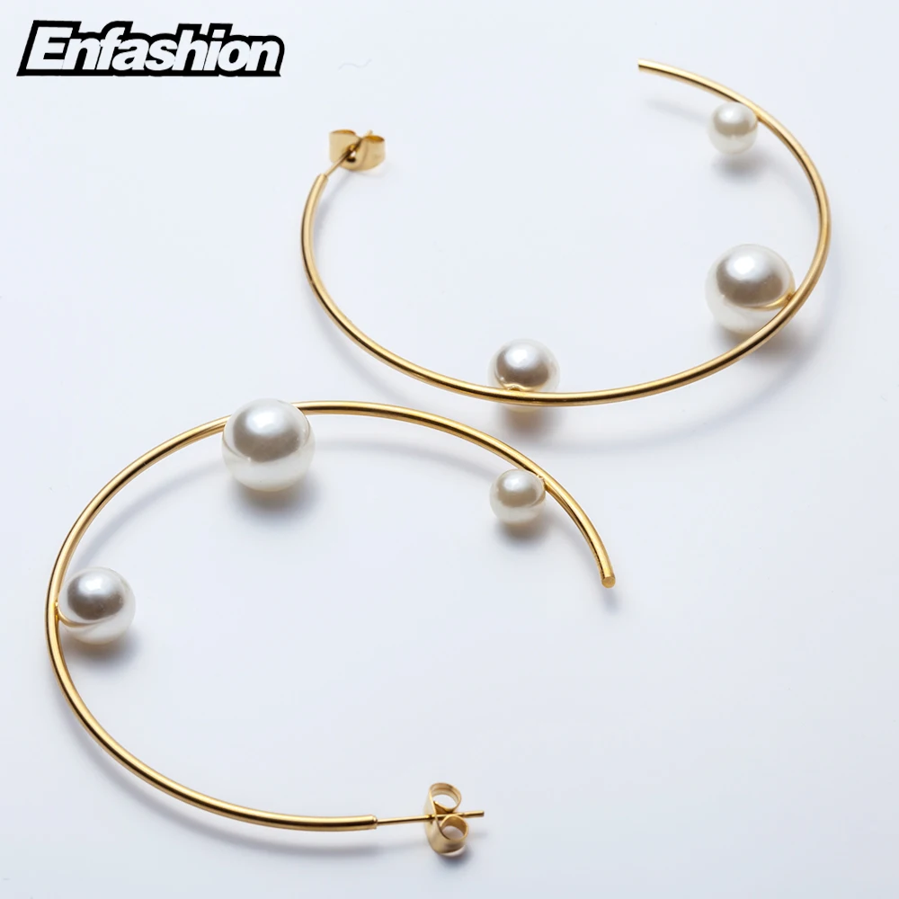 Enfashion Jewelry Geometric Pearl Line Hoop Earrings Gold color Stainless Steel Circle Earrings For Women Earings EEF1014
