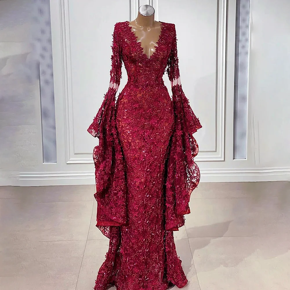 Elegant Lace Appliques Prom Dresses Burgundy 2024 Fashion Long Sleeves V-Neck Mermaid Evening Gowns Floor Length Party Dresses