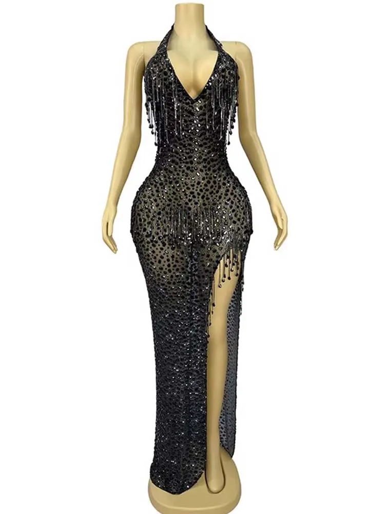 Hoge kwaliteit hot stamping en heldere diamanten hanger sexy hangende nek blote rug jurk 2025, nieuwe mode aangepaste dameskleding