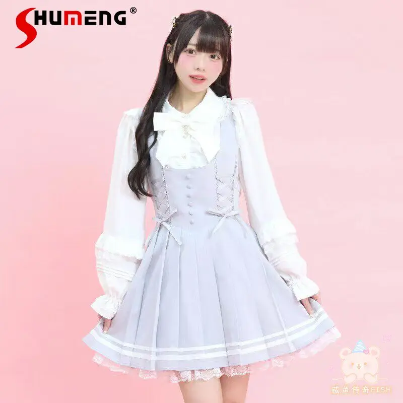 

Japanese Mines Style Mass Production Lace-up Bow High Waist Slim Lace Spliced Versatile Lolita Suspender Pleated Dress for Women