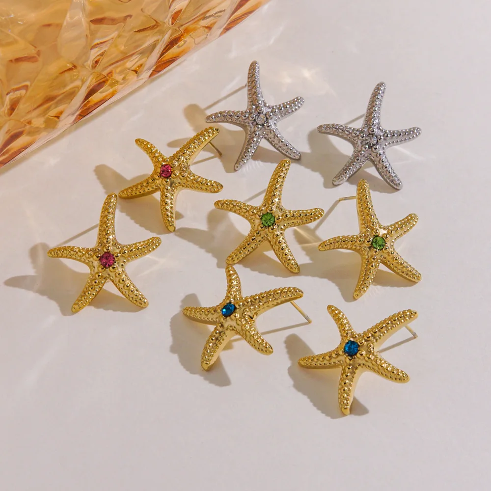 V. Multiple Color Beach Wind Sea Star Ocean Stainless Steel Earrings Gold Color Starfish Series Classic Earrings Wholesale