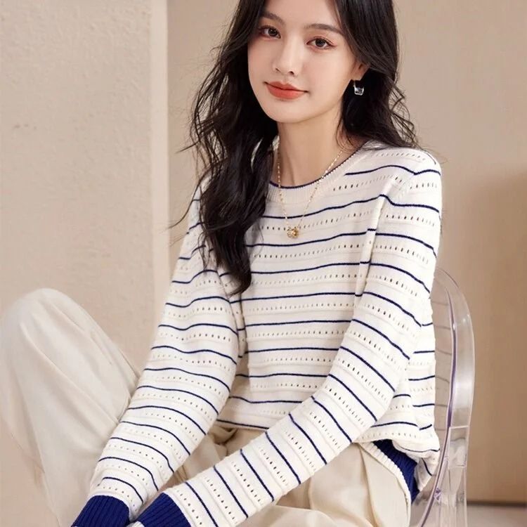 

Высококачественный полосатый вязаный свитер, свободная цветная блузка, женский осенний свитер Faion Ci Walk из полиэстера и хлопка, круглый свитер Ne