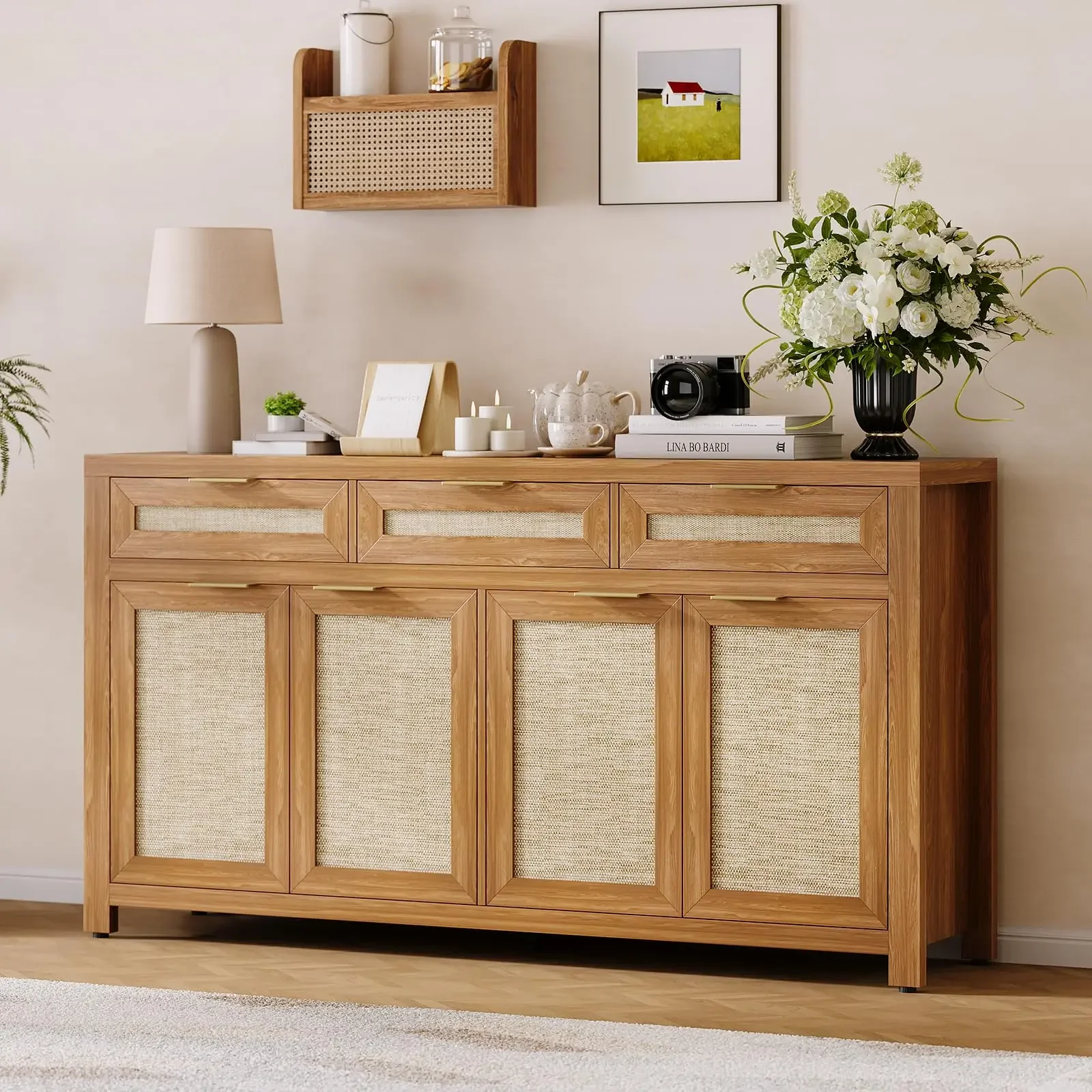 63 Inch Rattan Style Farmhouse Sideboard With 3 Drawers 4 Doors For Dining Room Kitchen