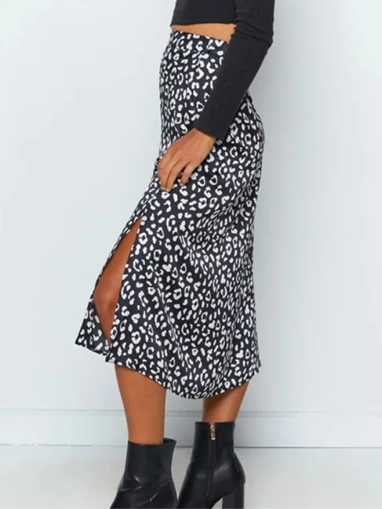 New Summer Fashion Leopard Print Long Skirts for Women Sexy Chiffon Split Casual Spring Zipper White Black Green