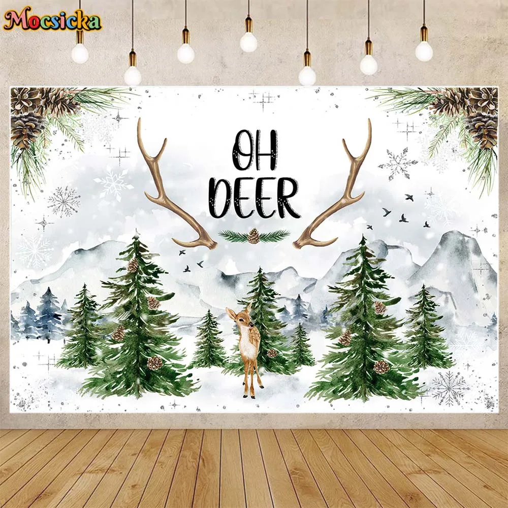 

Mocsicka Oh Deer Baby Shower Backdrop Winter Snow Pine Forest Boy Girl Welcome Party Decor Newborn Photography Background Banner