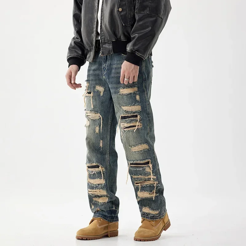 American New Fashion Vintage Men's Casual Trendy Loose Wide Leg Hole Patched Blue Vintage Denim Trousers Male Jean Pants Clothes