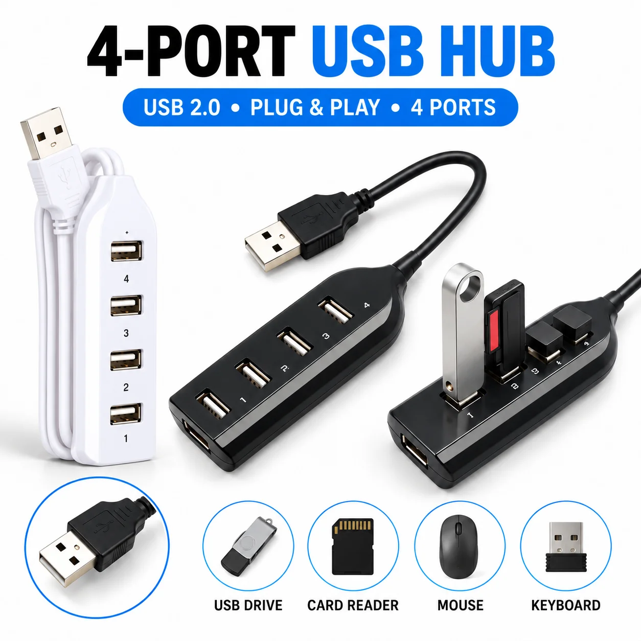 High Speed Mini USB 2.0 Hub 4 Port with Power Adapter Powered USB Splitter Multi Port Expander for PC Laptop Desktop