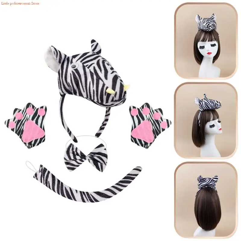 F92d Zebras Costume Set Zebras Ears Bandband Bowtie Tail Gants For Kids Girls Boys Halloween Cosplay Costume Animal