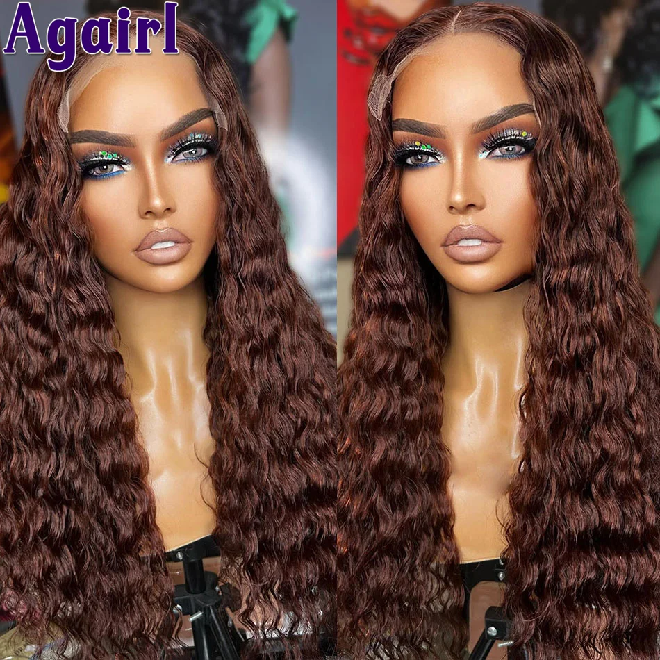 

Dark Reddish Brown 13x6 13x4 Lace Frontal Deep Curly Wigs 6X4 Lace Closure Water Wave Human Hair Wigs For Women 32 34 Inch 200%