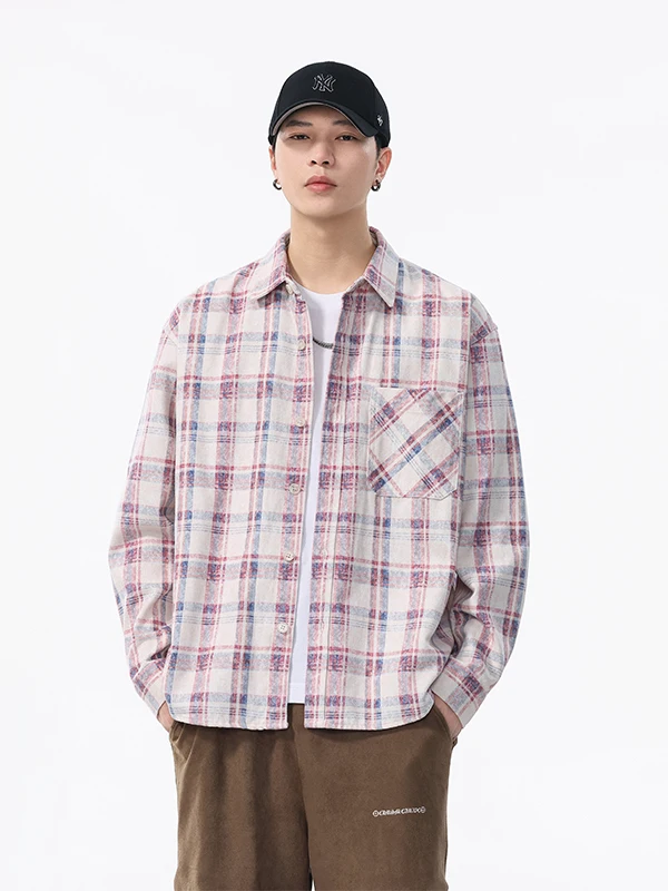 

American Retro Men's Long Sve irt Loose Casual Outerwear Cheered Pattern Silk Lyocell Material Comfortable Breathable