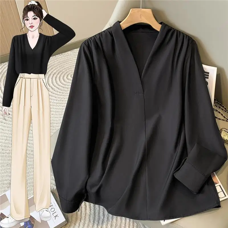 

Ele V-Ne Long Sve Women's irt Spring New Sle Slimming Profional White Top Sweet Sle Polyester Fiber