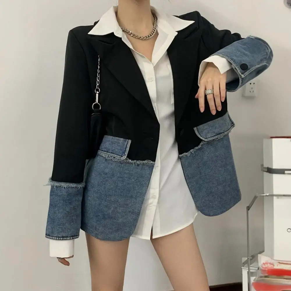 SuperAen 2024 Autumn Fashion Design Contrasting Denim Patchwork Jacket Women\'s New Korean Casual Blazer