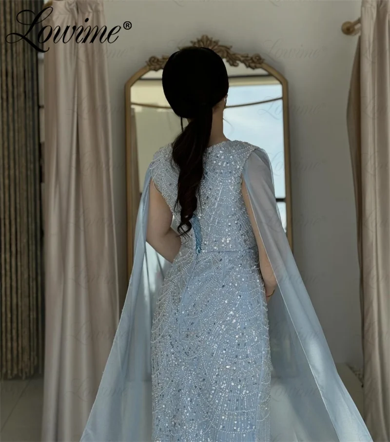 Abendkleider Blue Mermaid Prom Dresses 2024 Customize Arabic Dubai Beaded Formal Evening Gowns For Women Cape Sleeve Party Dress