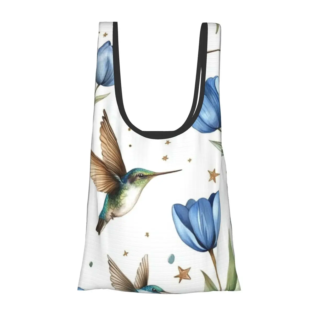 

Tulips And Hummingbirds Portable Tote Shopping Bags Foldable Shopper Bag Groceries Handbag Shoulder Bag