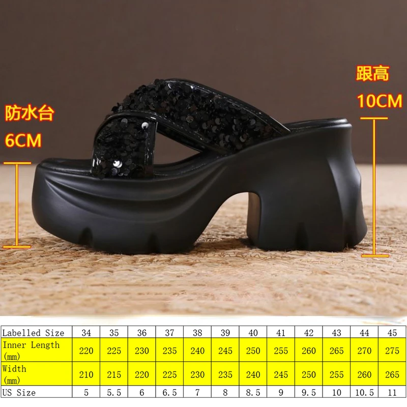 Fujin 10cm New Synthetic Slip on Platform Wedge Peep Toe Slippers Fashion Sandal Bling Women ROME Pumps Summer High Heels Shoes