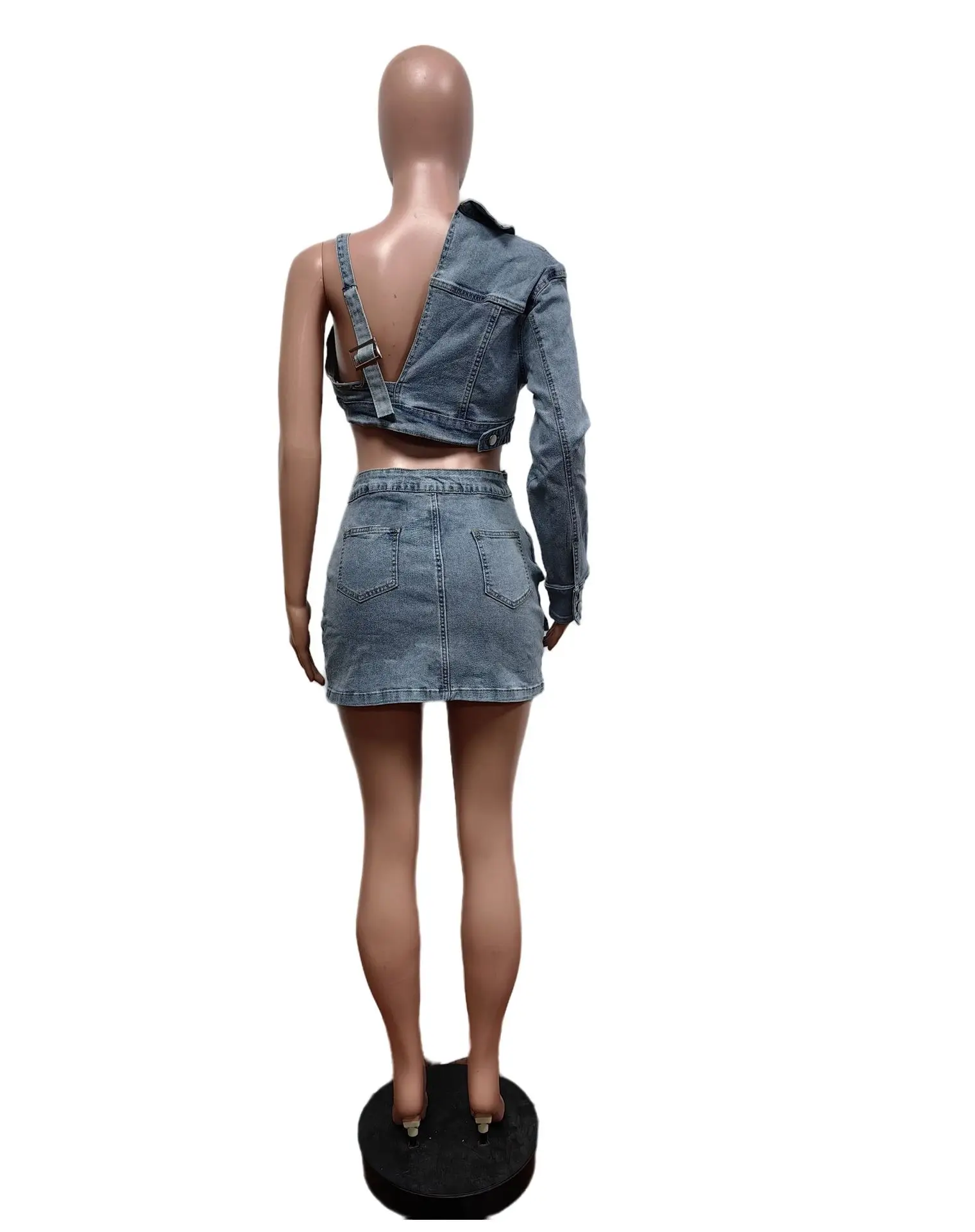 New denim stretch set with half exposed backpack and hip slit denim skirt dress set