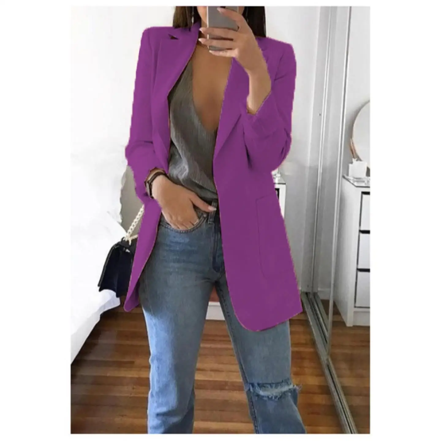 

Faionable Slim Fit Cardigan Suit Jaet Women's Turn-down Collar Long Sve Color Commute Sle Autumn Collection