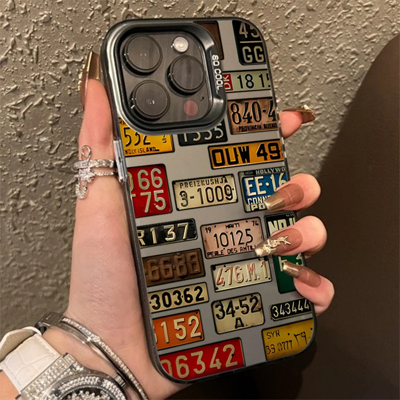 Vintage Car License Plate Pattern Electroplate Silver IMD Phone Case For iPhone 11 12 13 14 15 16 Pro Max 7 8 Plus X XS XR Cover