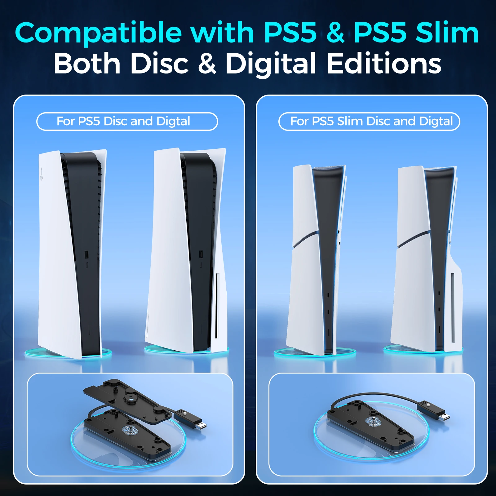 IINE RGB ขาตั้งแนวตั้งสําหรับ PS5 และ PS5 Slim RGB Lighting Disc & Digital Plug and Play ติดตั้งแบบสแนปอินได้ง่าย