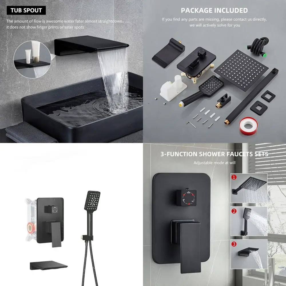 

Комплект матовой черной душевой системы с квадратной дождевой лейкой 12 дюймов, ручной лейкой с 3 функциями и настенным смесителем для ванны