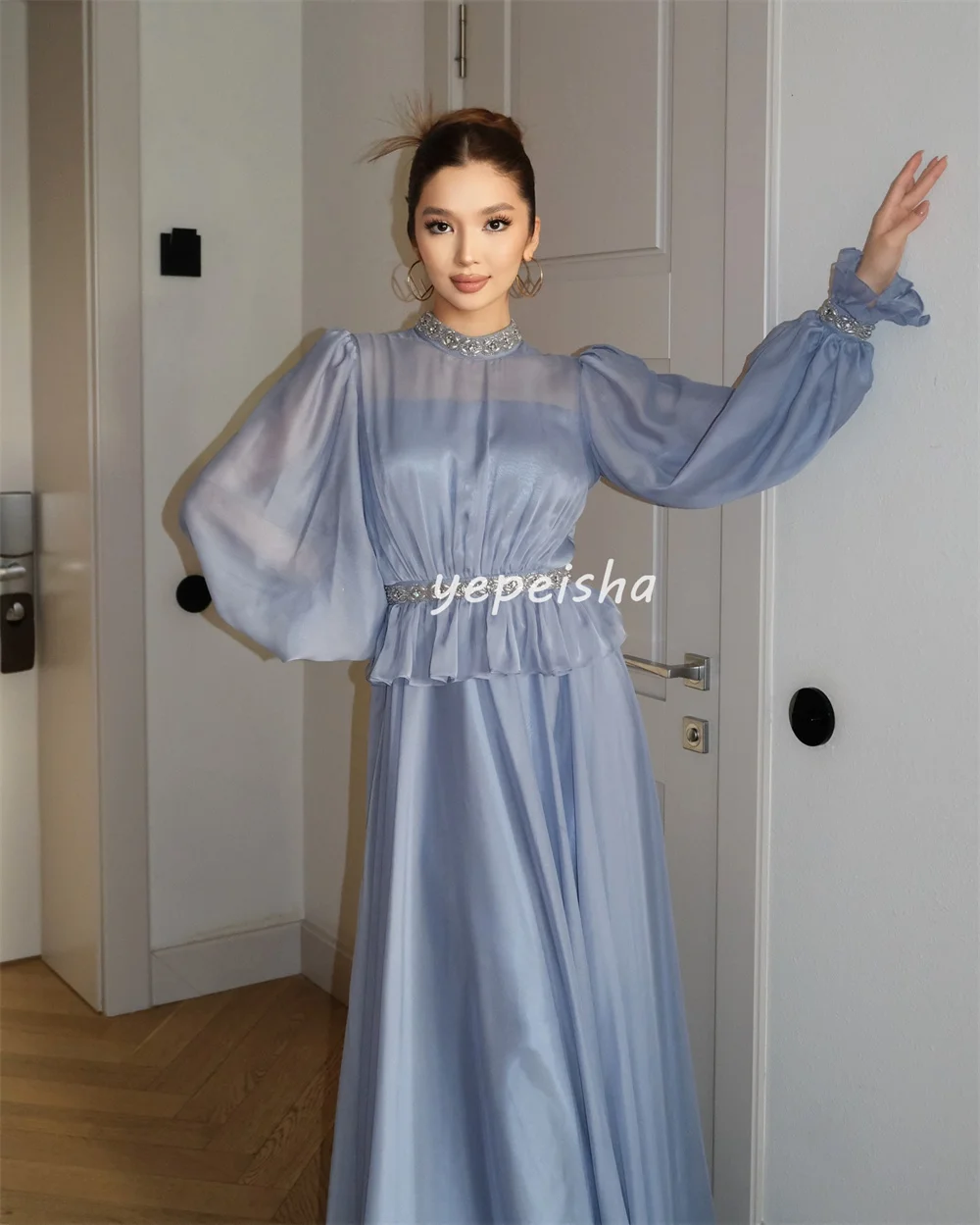 Customized Exquisite Chiffon Pleat Draped Beading Sequined A-line High Collar Long Dresses Bespoke Occasion Dresses Elegant