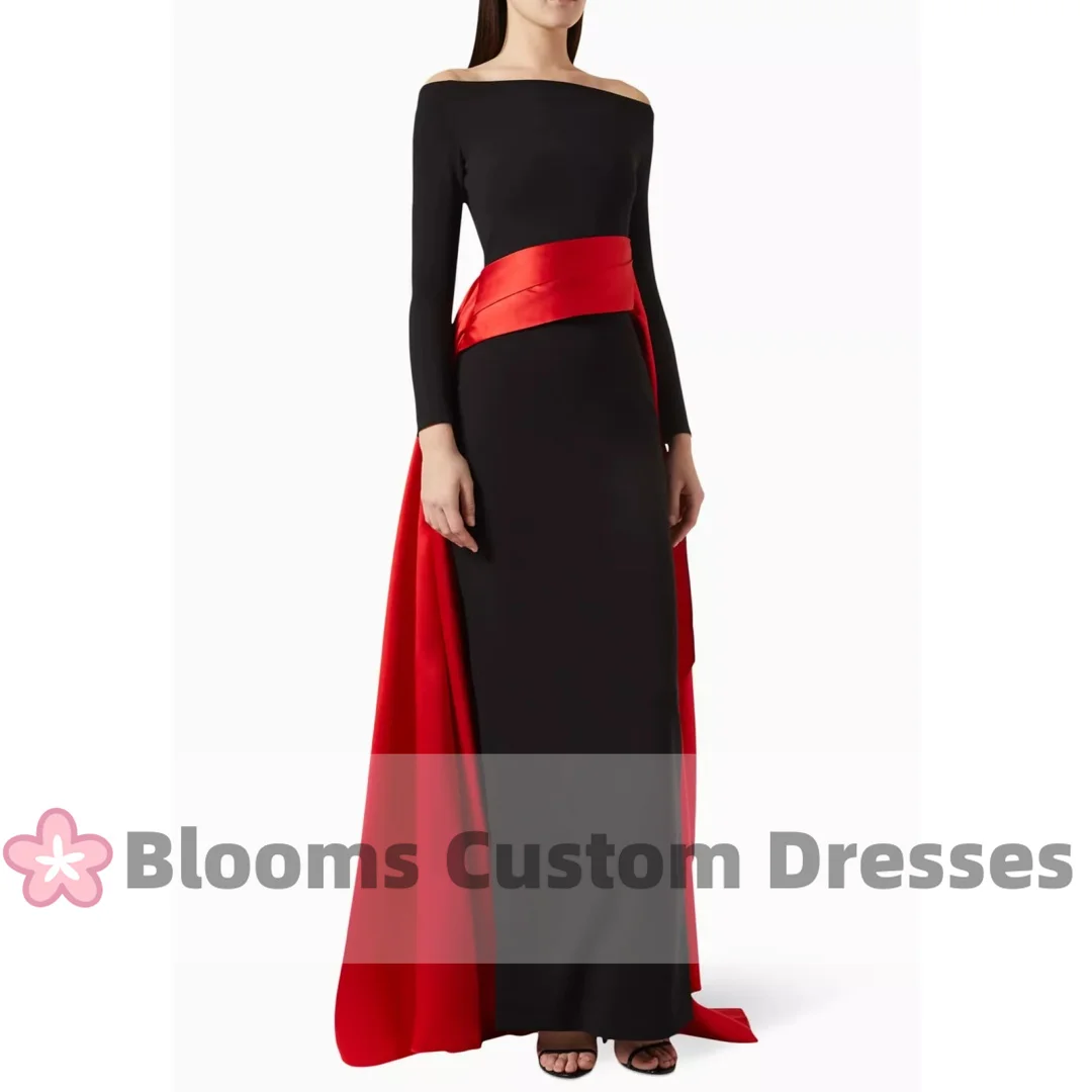 

Blooms Black Crepe Red Satin Evening Dresses 2024 Long Sleeve Simple Party Gown Off Shoulder Prom Dress robes invitée mariage