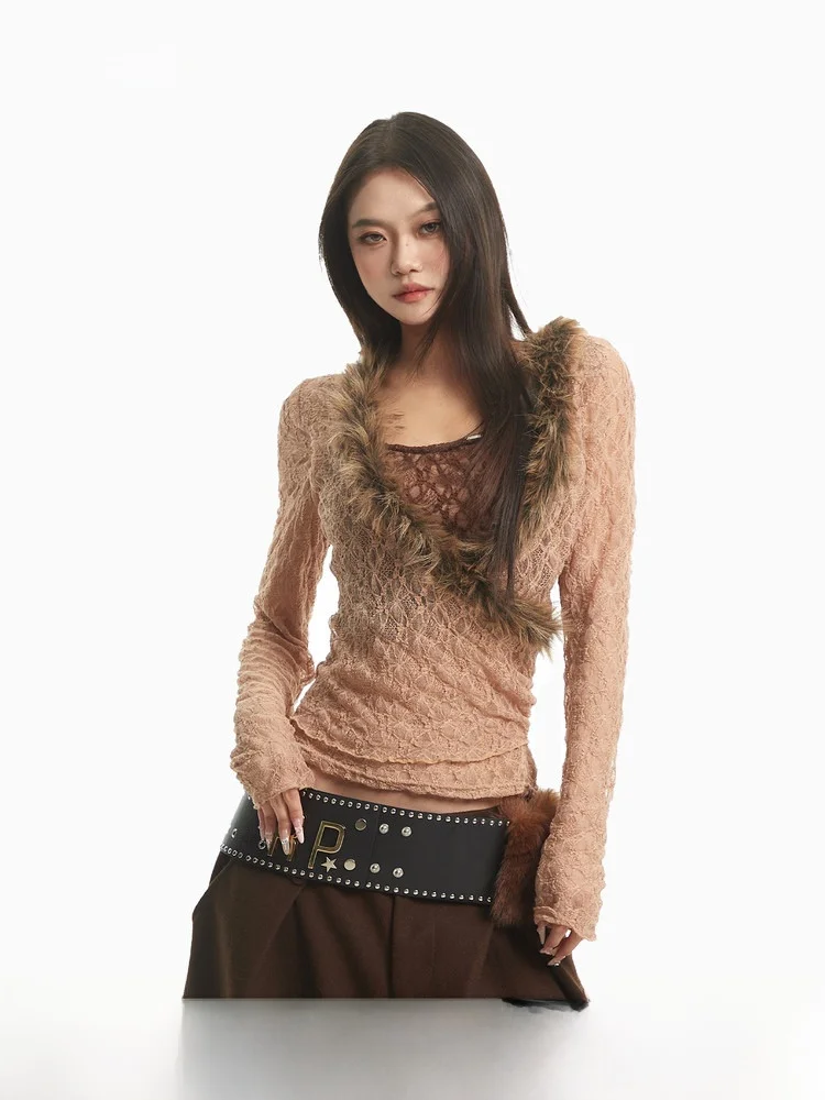 

CCUP SPACE Vintage Brown Lace Long Sve T-irt Women's Base Layer Hot Girl Slim Fit Boting Top for Autumn Winter