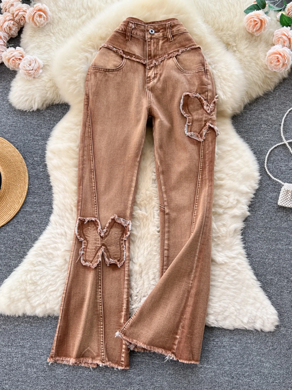 

American Sle Hem Denim Jeans Women's High Waist Slimming Faionable Micro Flare Long Pants Hot Girl Design