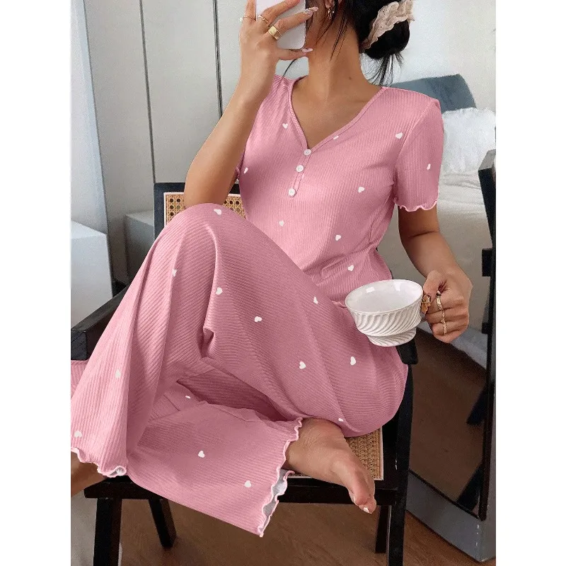 New American Style Spring and Summer Women's Short-Sleeve Pajama and Long Pants Casual Fashion Plus-Size Homewear Set