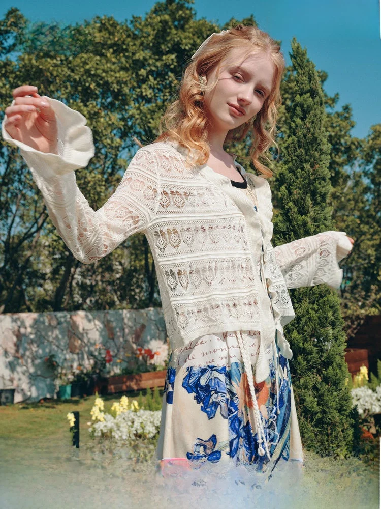 

Sweet Style Knitted Hollow out Long Sleeve Girl's Cardigan Summer 2026 New Fashion Versatile Lace Trim Belted Door Knob Women...