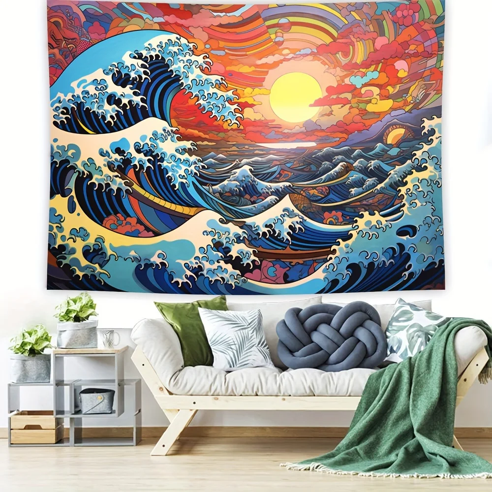 Kanagawa Wave Tapestry Japanese Ukiyo-e Sun Color Cloud Background Cloth Dormitory Bedroom Wall Hanging Cloth