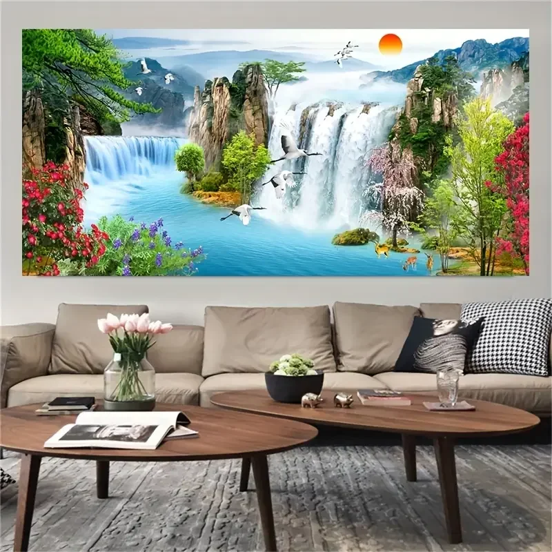 Multiple sizes 1pc frameless  Large size Canvas Painting, 1pcs Waterfall Sunset Landscape Canvas Painting, Lake Bird Posters And