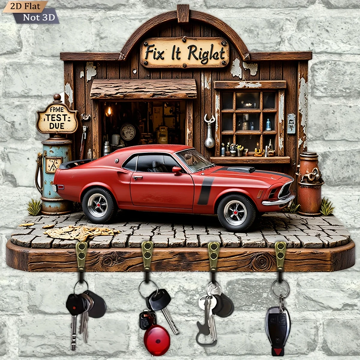 2D 평면, 1개, 빈티지 자동차 키 걸이 나무 다기능 홈 키 홀더, 네 개의 금속 후크 포함, 벽 장식, 현관