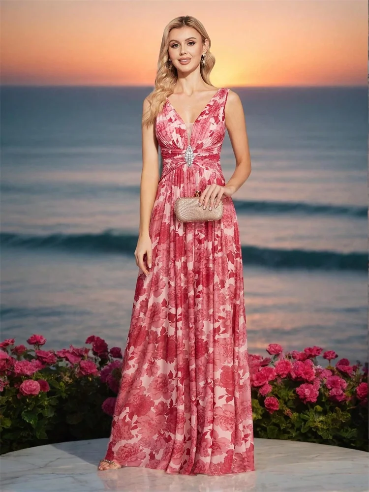 Lucyilove di lusso con scollo a V in chiffon rosa sexy backless abiti da sera convenzionali donne vestono abiti da festa da damigella d'onore abiti