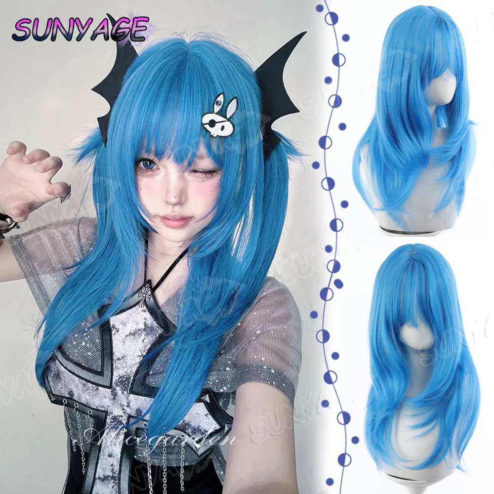 

SUNYAGE синий синтетический длинный прямой женский парик с челкой Лолита косплей пушистый термостойкий парик для повседневной вечеринки