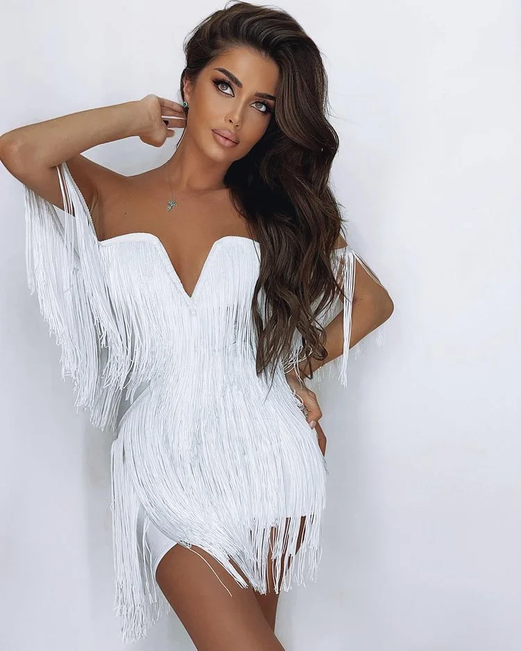 Vestido Bandage con hombros descubiertos para mujer, minivestido Sexy sin tirantes con borlas para discoteca, fiesta de noche de celebridad, ceñido al cuerpo, verano