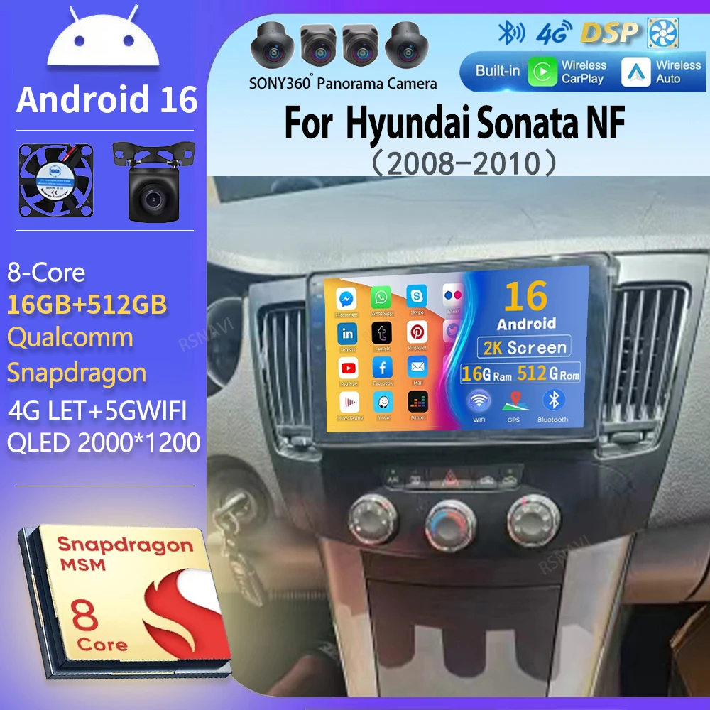 

Android 16 wifi+4G Carplay AUTO Car Radio For Hyundai Sonata NF 2008 - 2010 Navigation GPS Video Player Stereo DVD Multimedia