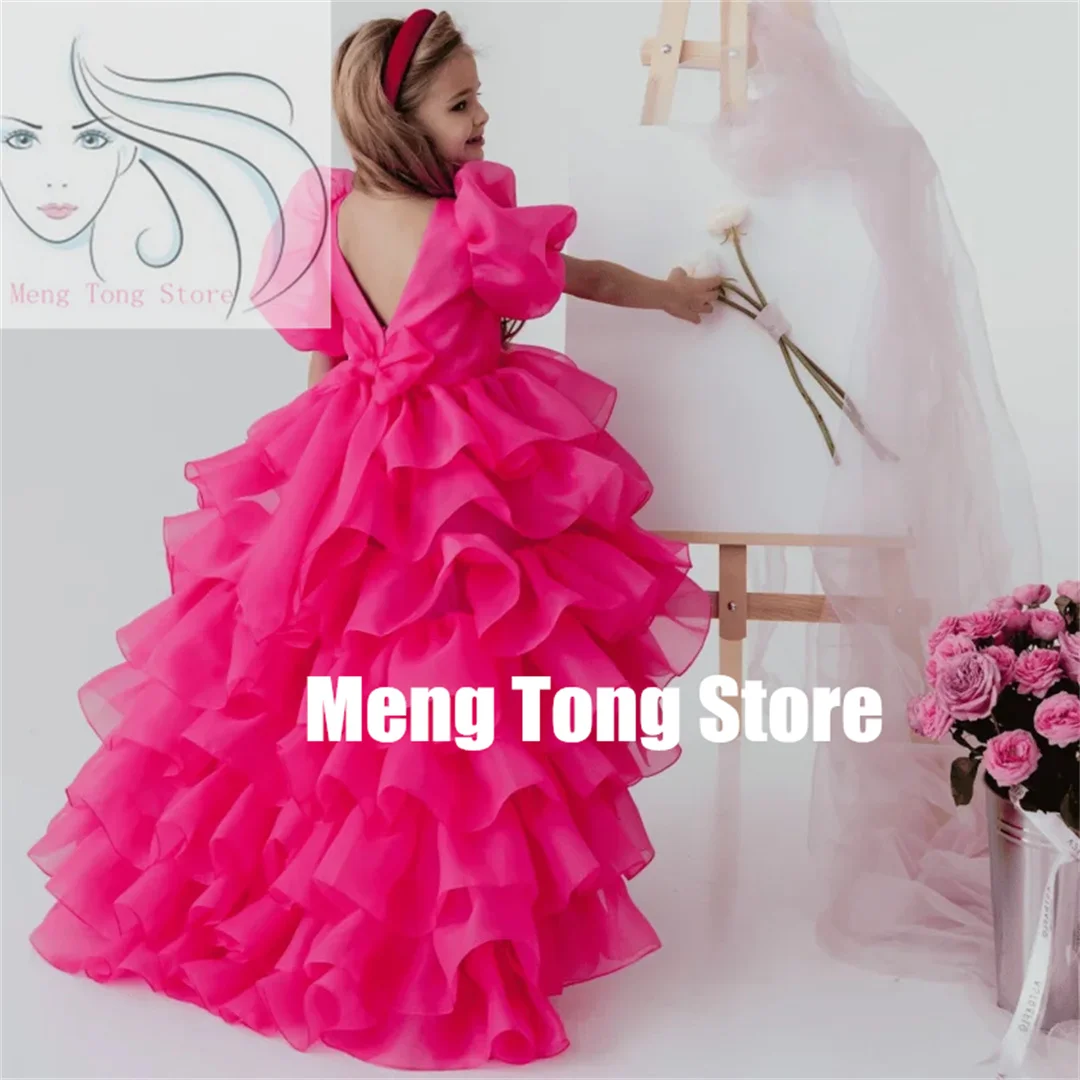 Customization Flower Girl Dresses Rose Pink Solid Tiered With Bow And Tailing Short Sleeve For Wedding Birthday Party Banquet