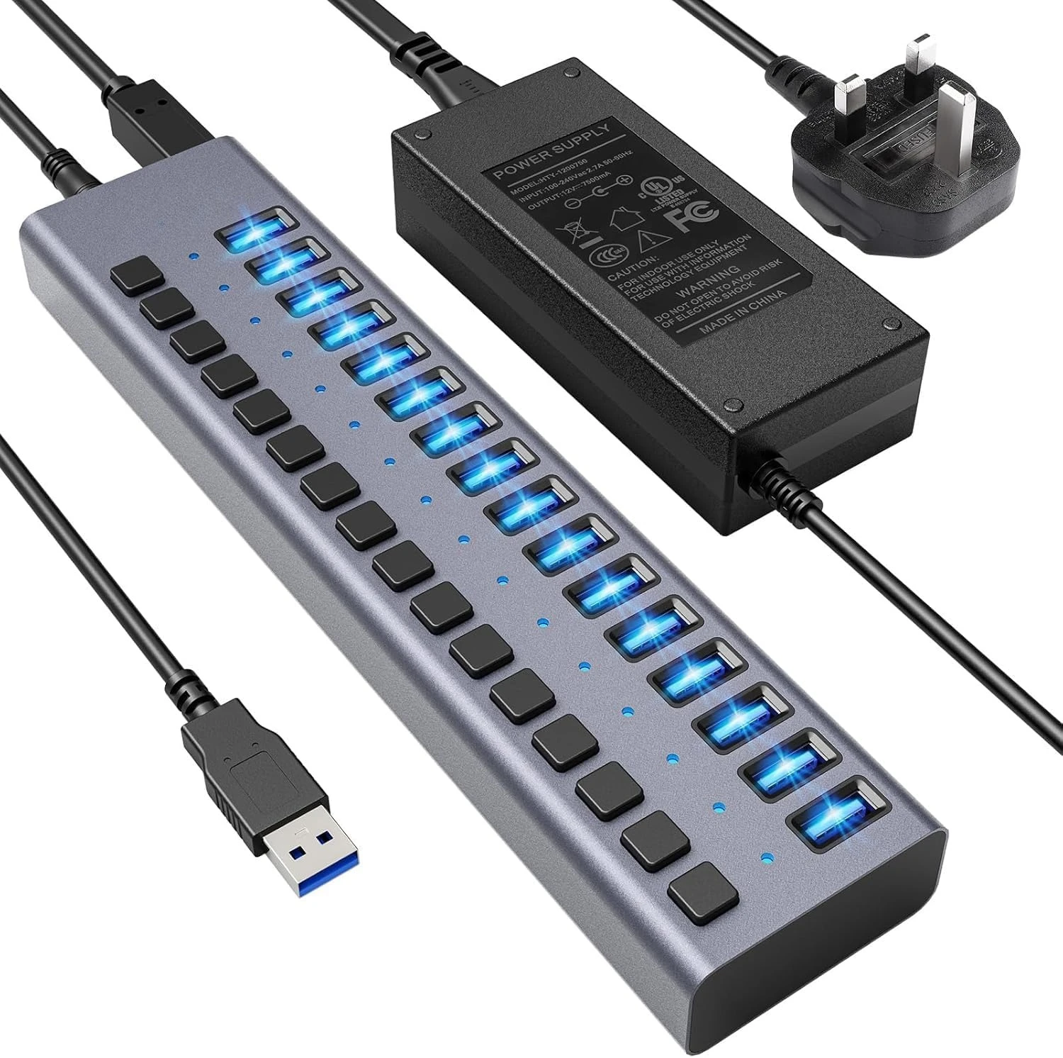 محور USB يعمل بالطاقة 90 وات - 16 منفذ بيانات USB 3.0، غلاف من الألومنيوم، مفاتيح تشغيل/إيقاف فردية، شعبية جديدة