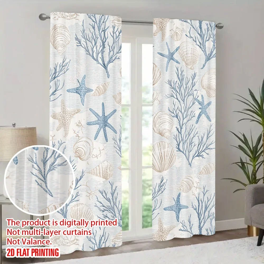 2PCS Digital Printed Curtains, Coral Seashell Beach Ocean Nautical, Window Treatments for Living Room Bedroom Kitchen Home Decor