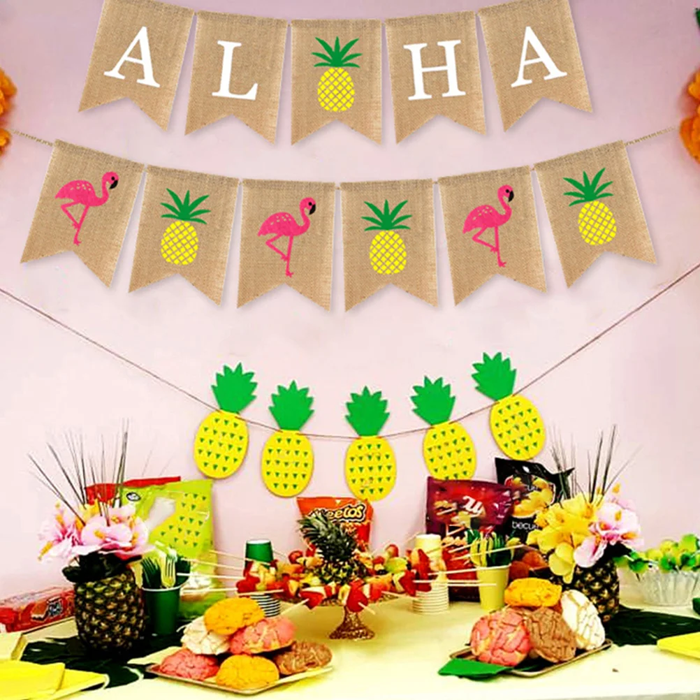 

2 Pcs Hawaiian Party Decorations Favor Banner Autumn ALOHA Hanging Bunting Theme Themed Linen Father