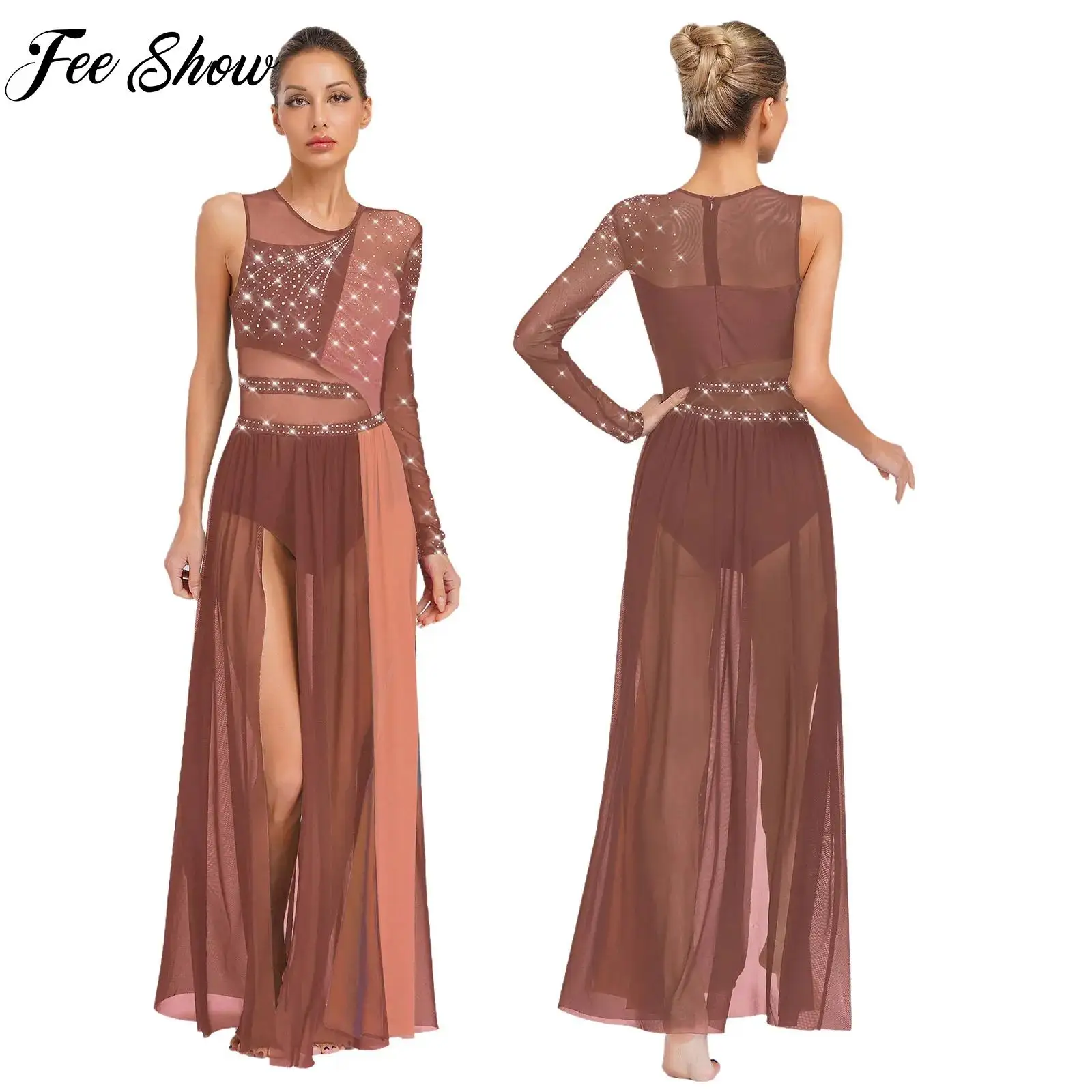 

Womens Rhinestones Lyrical Modern Dance Dress Side Split Mesh Dress Ballet Gymnastics Figure Ice Skating Leotard Dress Dancewear