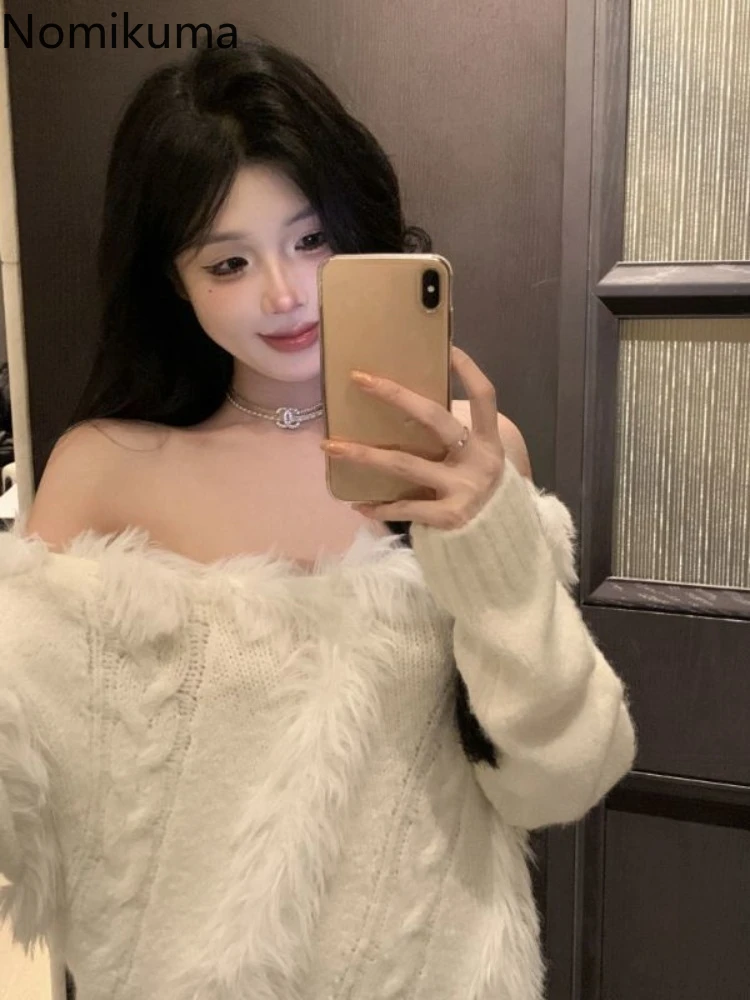 

Korean Jumper Slash Neck Pullovers Sueter Mujer Fashion Sexy Pull Femme Off Shoulder Knitted Sweater Tops Autumn Winter Clothes