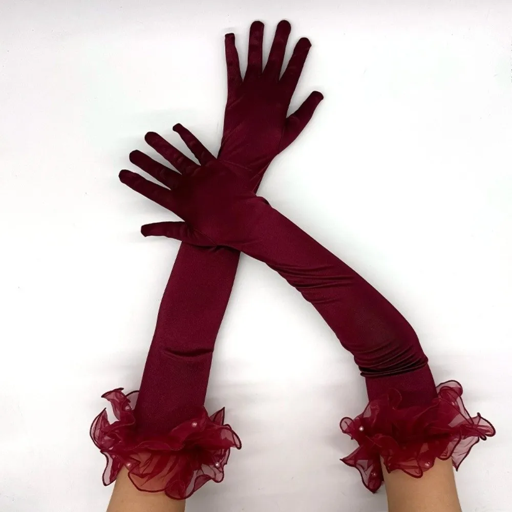 Elegant 55CM Women Long Satin Gloves Tulle Ruffle Pearl Bridal Gloves Performance Gloves Etiquette Stage