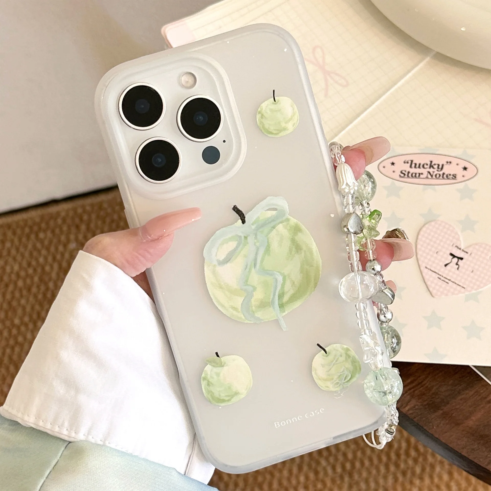 Pintura al óleo cinta arco verde Apple art funda de teléfono para iPhone 17 16 15 14 13 12 Pro Max funda bonita y dulce de dibujos animados a prueba de golpes