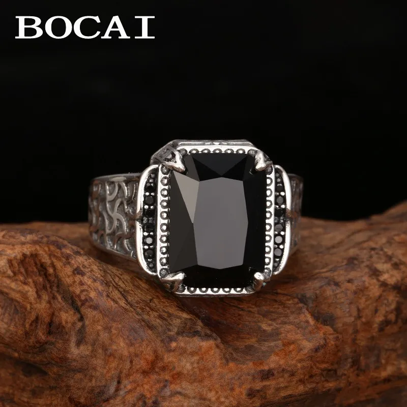 

BOCAI S925 Sterling Silver Charm Ring for Women Men Eternal Rattan Pattern Claws Inlaid Black Agate Fashion Jewelry Wholesale